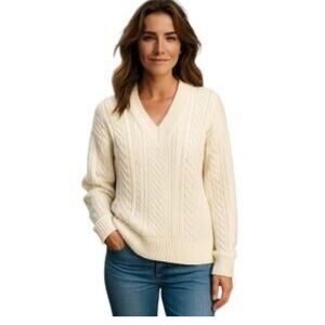 J. Crew Cotton Cable-Knit V-Neck Pullover Size Medium